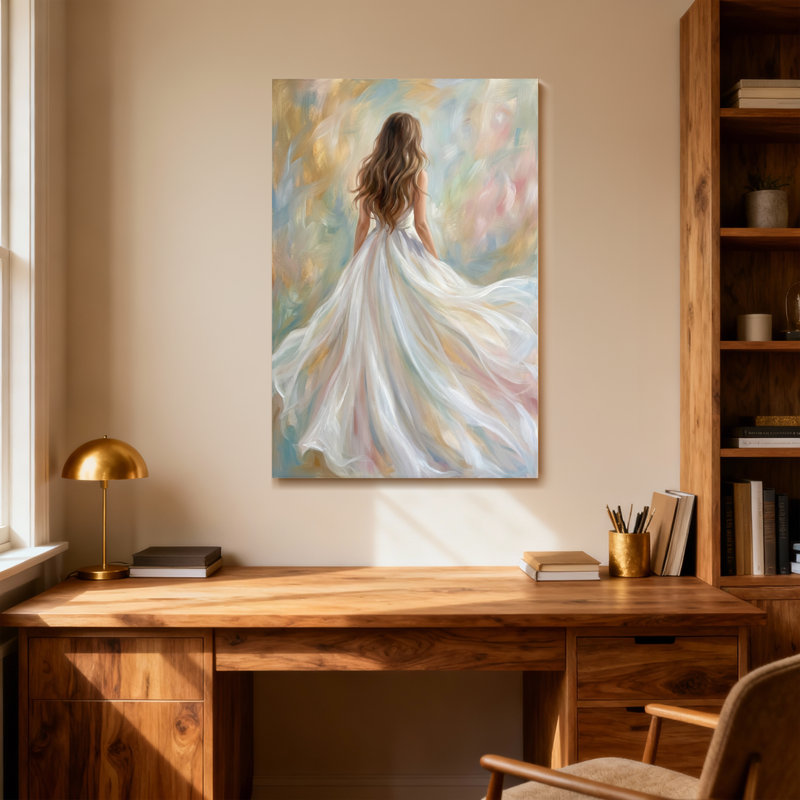 Femme de Saint-Valentin en robe blanche qui s'en va, H 48 po x l 32 po