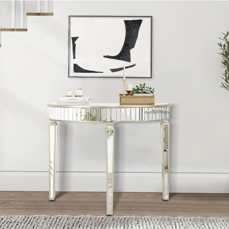 Half-moon Shaped Mirrored Console Table, 35.4'' Long Entryway Sofa Table, Three-legged Modern Accent Narrow Table For Living Room, Hallway, Foye