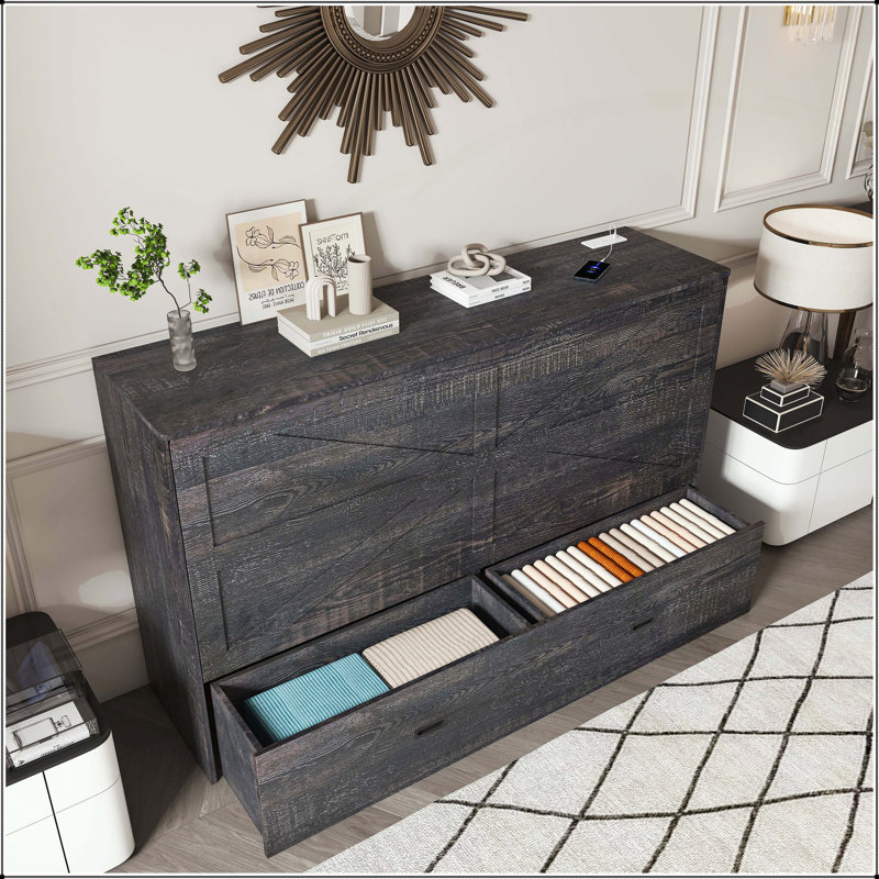 Lit escamotable 57 po avec tiroirs de rangement, armoire de chargement et roues pivotantes, Noir