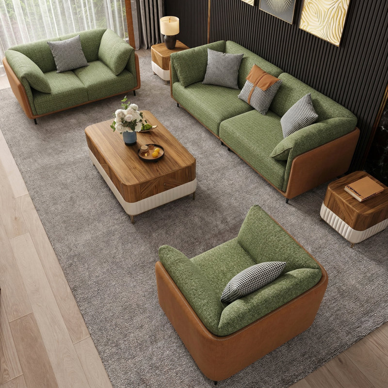 Modern Upholstered Sofa Set with Foam Cushions and Wood Frame, Includes Armchair, Loveseat and 3-Seater, Green Living Room Seating Set