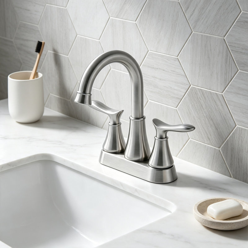 4" Centerset Double Handle Bathroom Vanity Sink Faucet with Pop-Up Drain and Supply Lines, Brushed Nickel