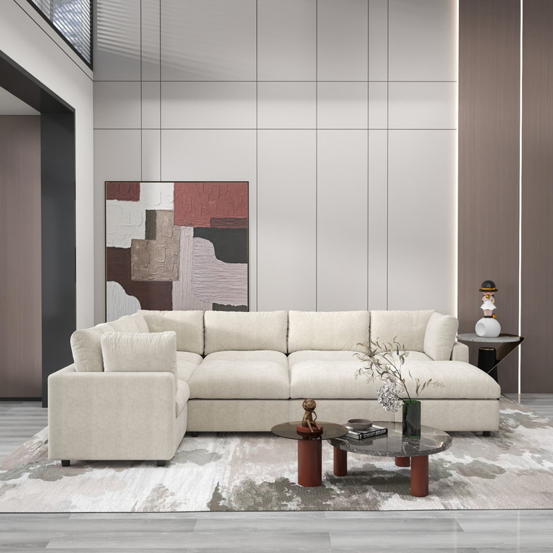 Kessi 9-Piece Upholstered Modern Chenille Fabric Modular Sectional Sofa With Ottoman, Beige 