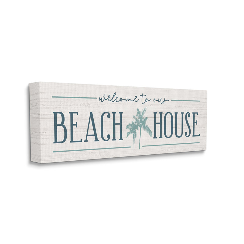 «Welcome to Beach House», panneau de palmiers bleus par Natalie Carpentieri - Art textuel, H 17 po x l 40 po x P 1,5 po