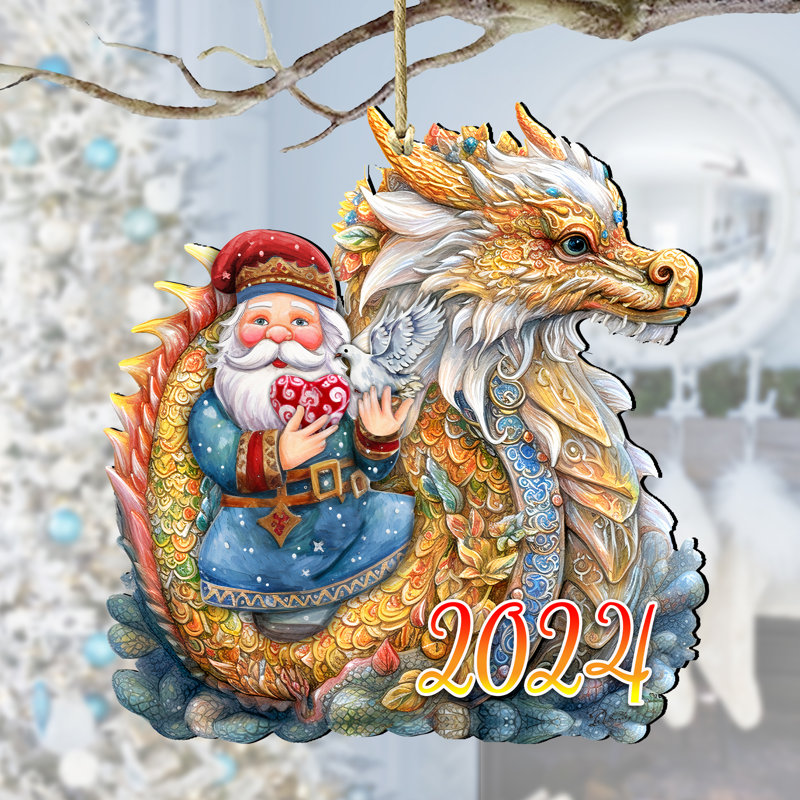 Ornement en bois Père Noël avec dragon