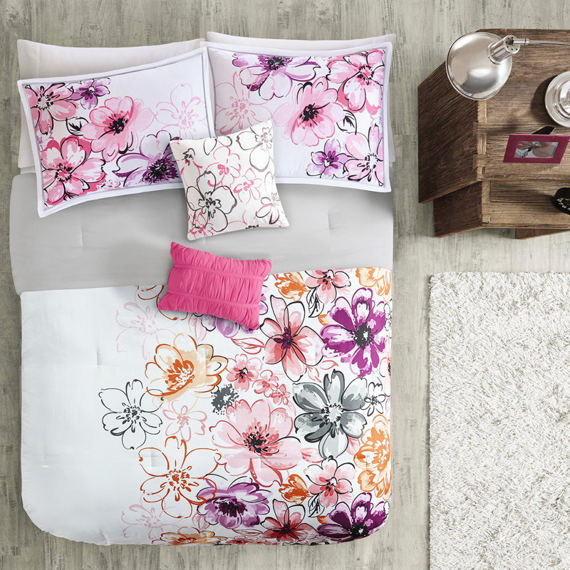 Édredon simple / simple TG et taie décorative, rose doux floral avec contraste gris