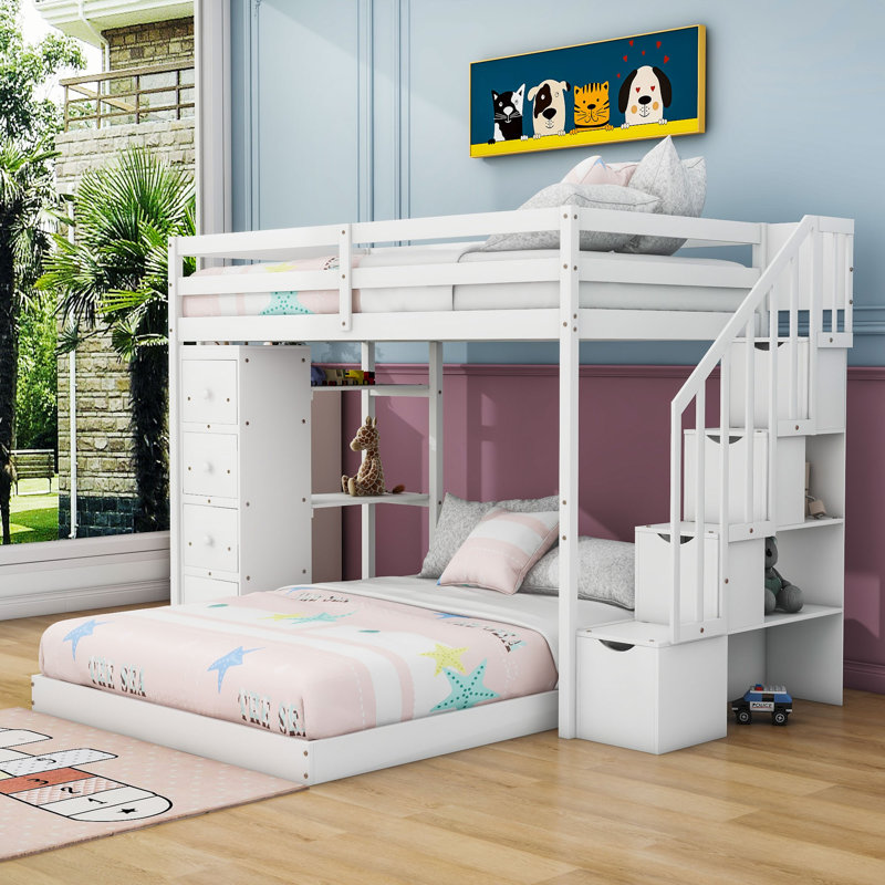 Nyora Kids Twin Over Full Bunk Bed with Drawers, White