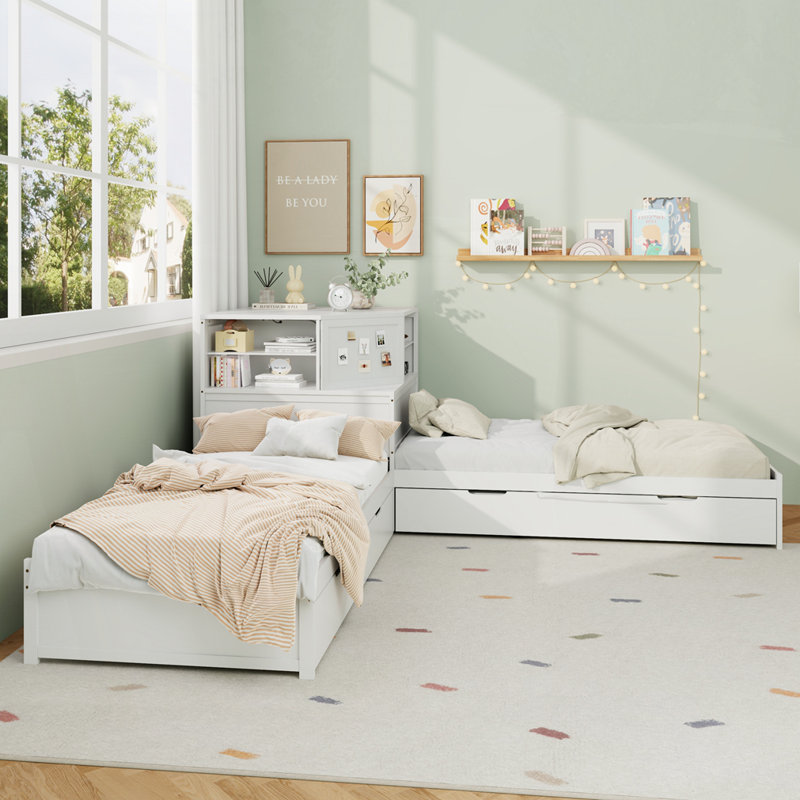 Structure de lit simple en L avec couchette et tiroir en forme de L, Blanc