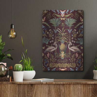 «Vintage Bohemian Elegance Flamingo Burgundy» par Andrea Haase, art mural en métal, 12 po x 16 po