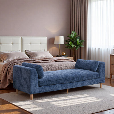 83" Chenille Upholstered End of Bed Bench with 2 Bolster Pillows and Solid Wood Legs