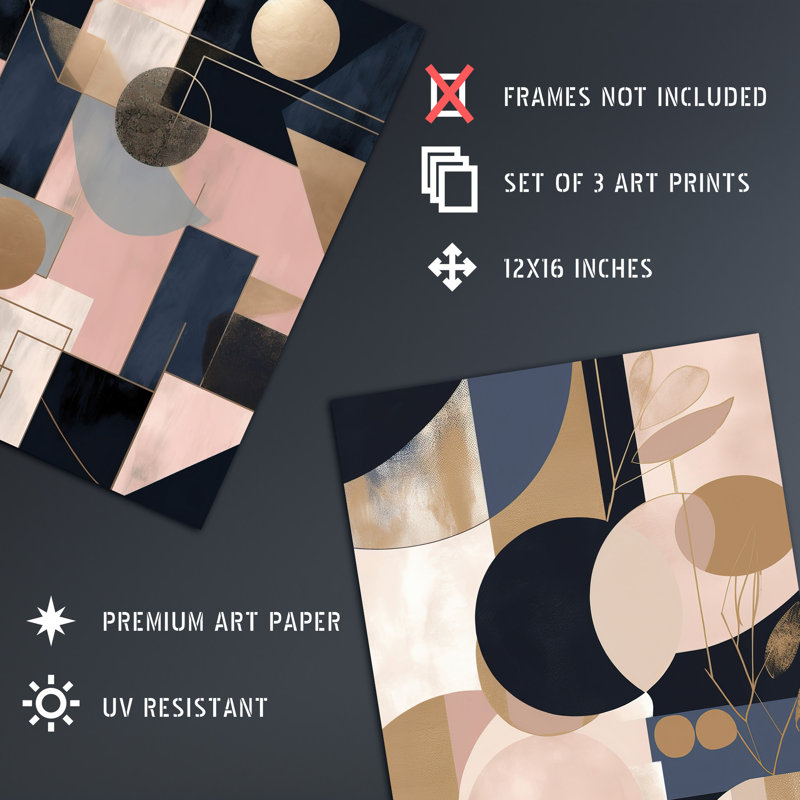 Abstract Geometric Soft Pastel Pink Gold Blue - 3 Piece No Frame Print Set, 40.5cm H x 30.5cm W x 0.3cm D