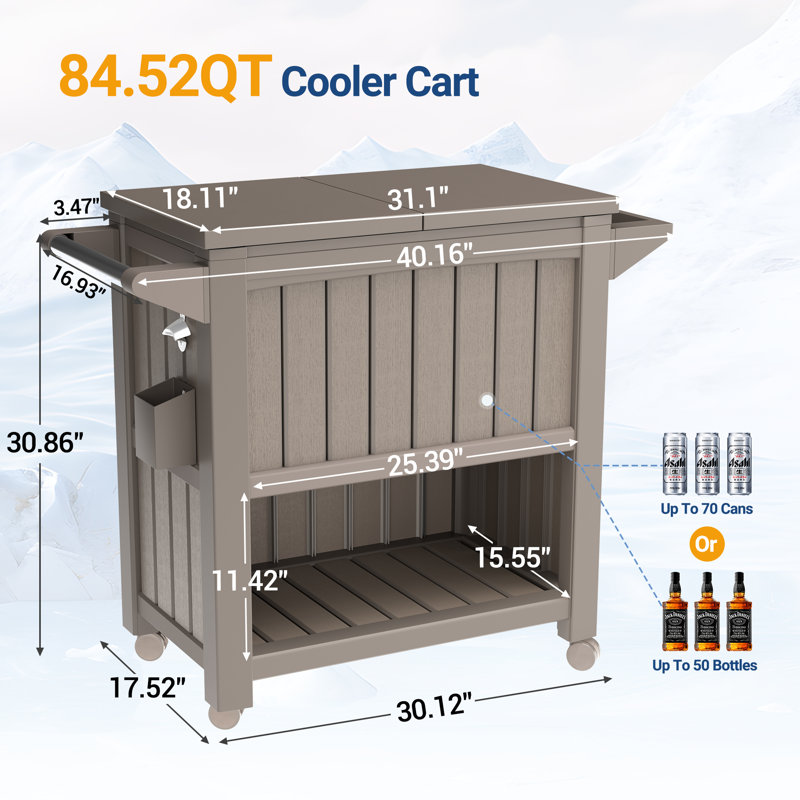 Glacière pour terrasse de 84 gallons à grande capacité avec roulettes, Brun