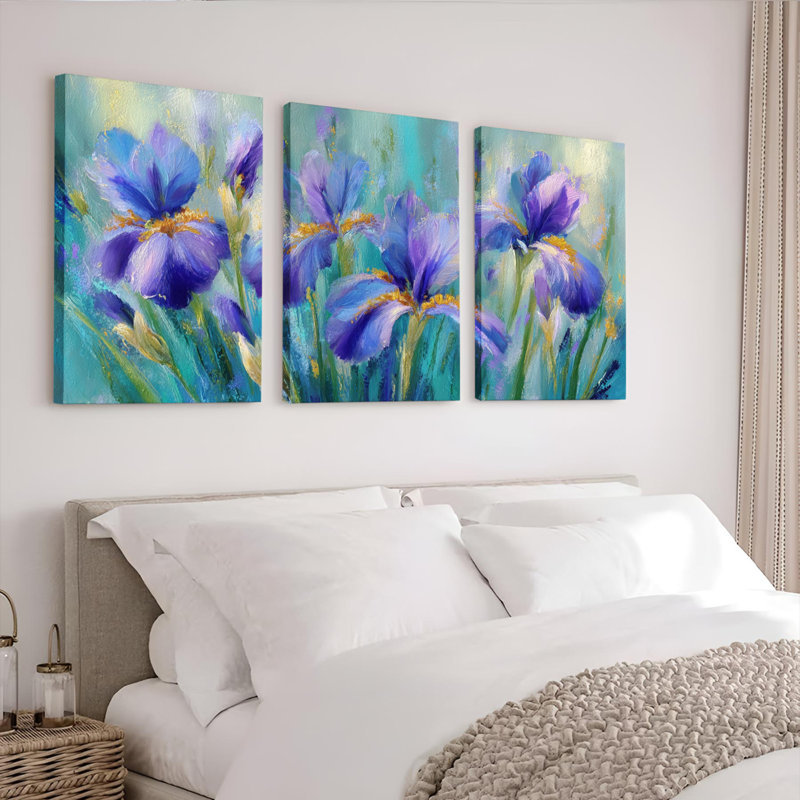 Ensemble de 3 tableaux muraux sur toile à motif floral d'iris violets pour la décoration du salon, H 24 po x l 48 po