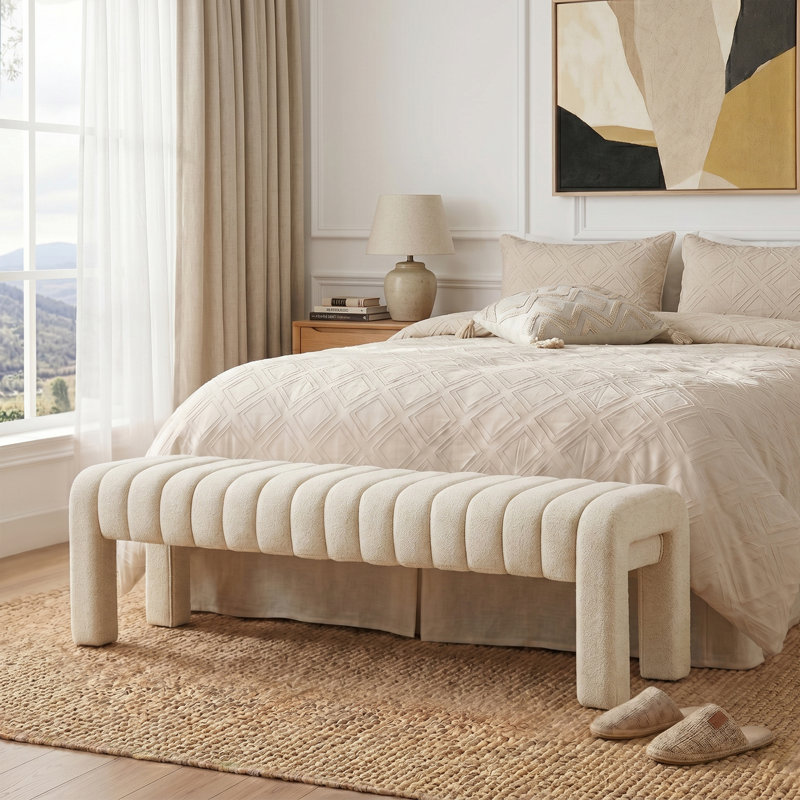Banc de chambre rembourré Oyan, Lin beige, H 17 po x l 63 po x P 17,3 po