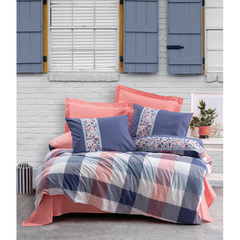 Ensemble de housse de couette 100% coton corail / bleu / blanc Aeilt, Housse de couette 61 po x 87 po + 1 taie d'oreille