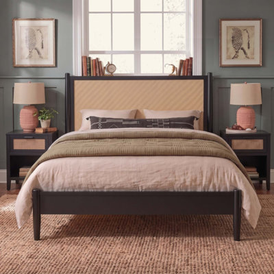 Platform Bed Frame with Rattan Headboard, Wicker Bed with Wooden Slats Support,Boho Coastal Style, No Box Spring Needed