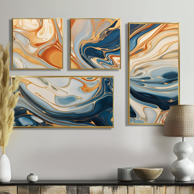 «Teal Orange Aqua Symphony», reproduction d'art moderne sur toile 4 pièces, Impression encadrée sans passe-partout, Doré
