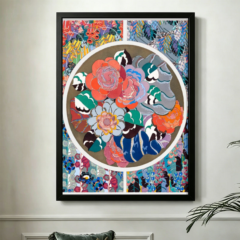 Bouquet floral moderne et abstrait: fleurs éclatantes dans un cadre circulaire, style abstrait coloré. Art mural 24 "x 36" avec cadre en bois noir
