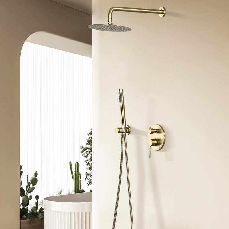 Système de douche mural, pomme de douche à pluie 10 "avec douchette, Or brossé