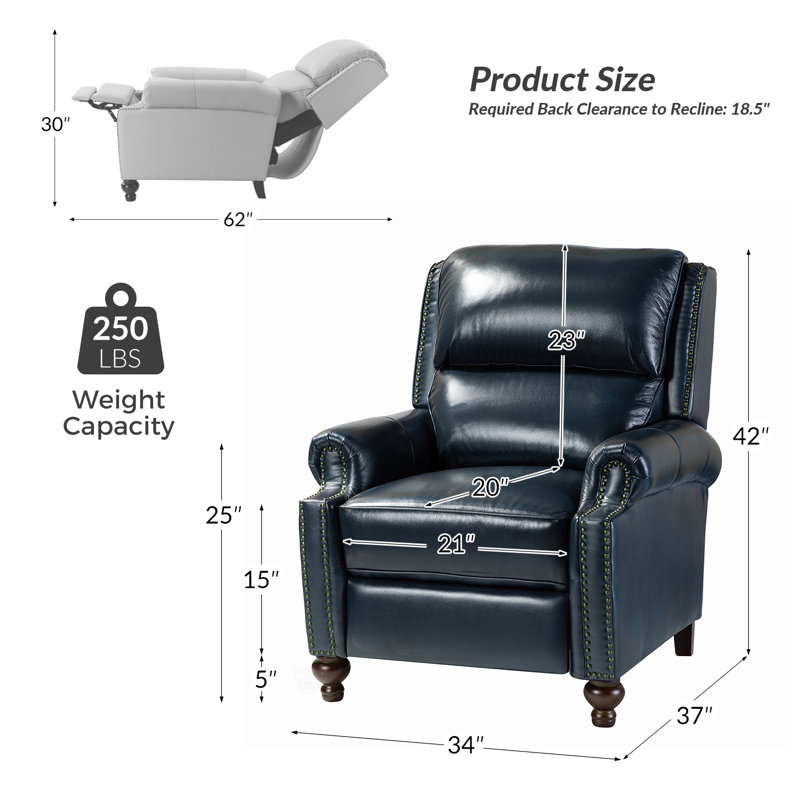 Anre Genuine Leather Recliners with Nailhead Trim, Navy Genuine Leather