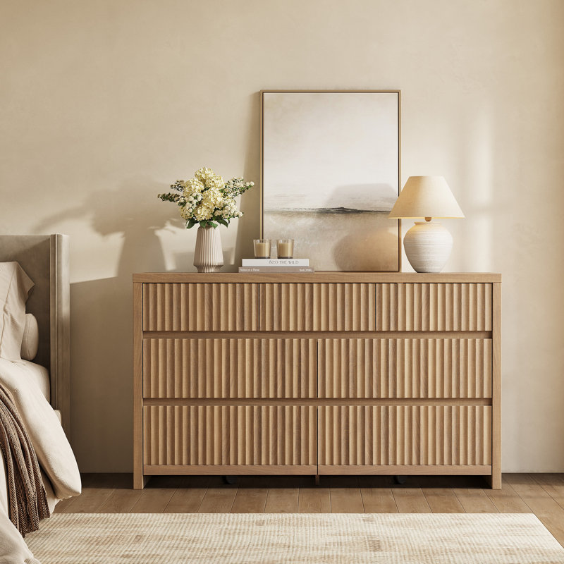 55.2''W 7-Drawer Dresser, Modern Fluted Wood Chest with Handleless Design, Large Storage Bedroom Dresser with Anti-Tip