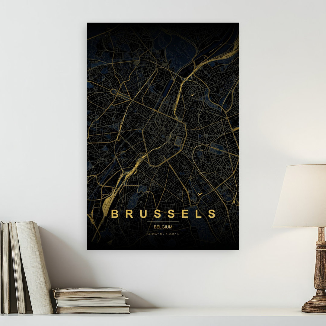 Golden Brussels Map Abstract Elegant Minimalist City Wall Art Print