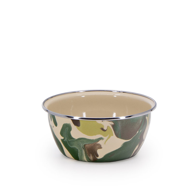 Camouflage Enamel Round Salad Bowls Set, 8 oz, Green and Beige