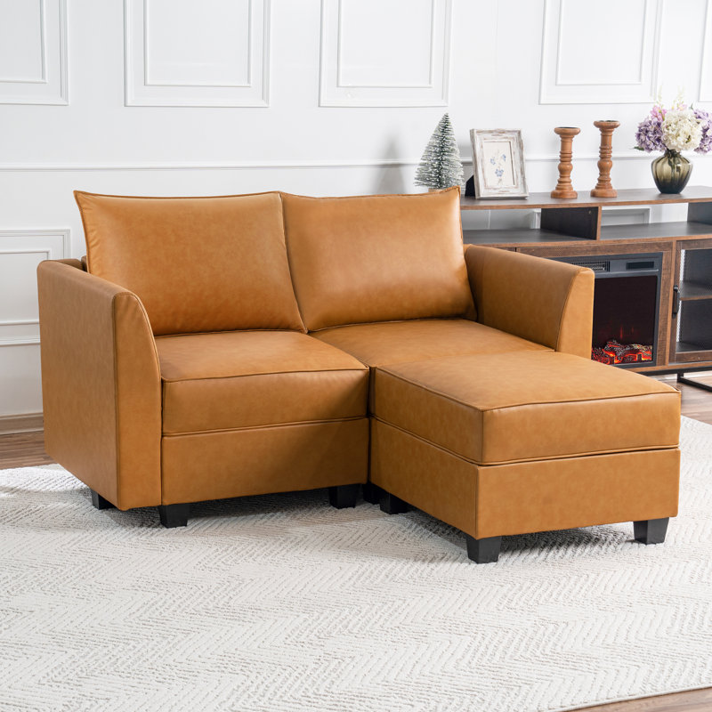 Rudwan Convertible Sectional Air Leather Loveseat with Ottoman – Modern Reversible Chaise Sofa, Caramel