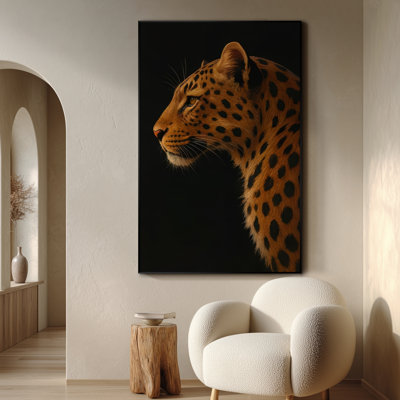 Très grande reproduction d'art sur toile - Profil latéral léopard sur fond noir, décoration pour salon ou chambre à coucher - «Assemblage requis du cadre (cadre non fini)»