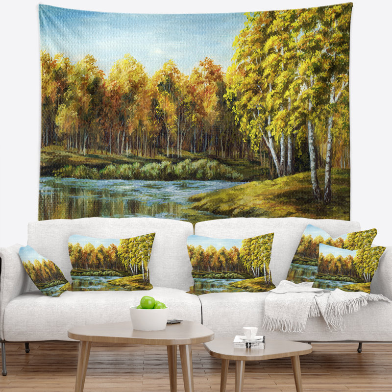 Tapisserie de paysage vert automne lac, H 32 po x l 39 po