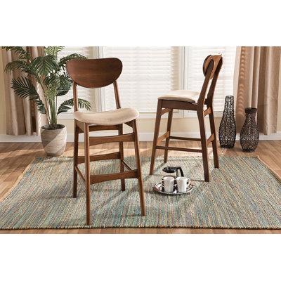 Goguen Justin Sand Fabric Upholstered And Walnut Brown Finished Wood 2-Piece Bar Stool Set