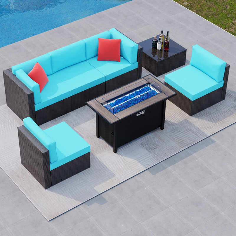 7 Piece Sectional Seating Group With Cushions, Blue