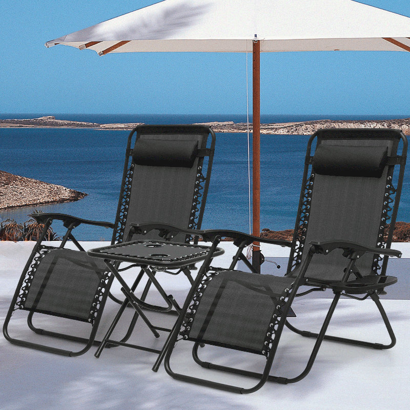 Elsha 3Pcs Folding Zero Gravity Reclining Chair Set with Coffee Table, Extra Wide Lounge Chairs Set, Black
