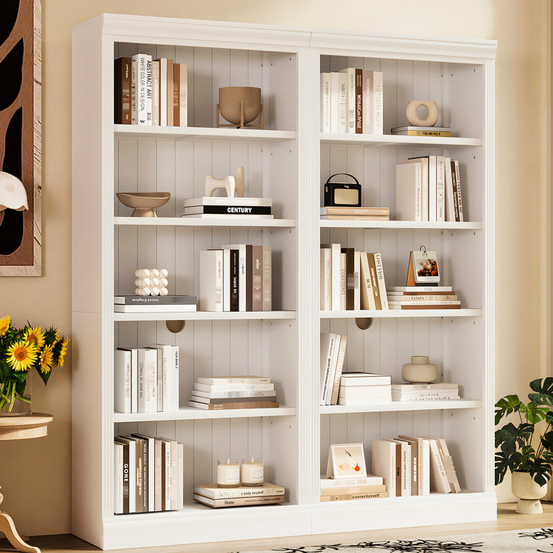 Ensemble de bibliothèque en bois blanc 5 avec bande et tablettes réglables, solution de rangement pour le travail à domicile, bande de style moderne, cadre solide,