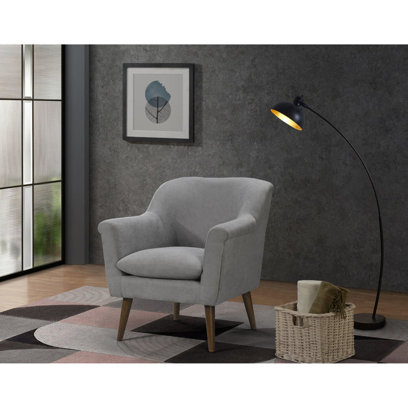 Mid-Century Modern Armchair, 31.5" Steel Gray Fabric, Curved Arms, 20.7" Seat Height, 21.7" Depth, 20" Width, 26.8" Arm 9.8" Wooden Leg In Walnut Color, 14.6" Back Foam Cushion Style Armchair , Woven