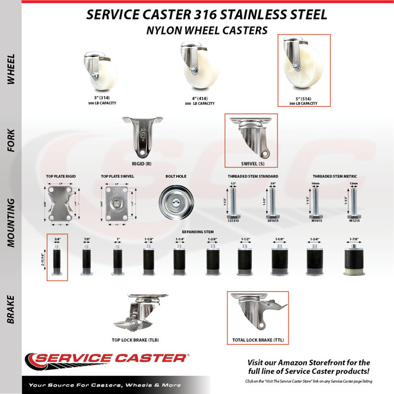 Swivel Stem Caster, 5" H x 5" W