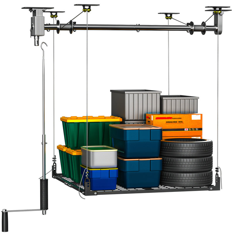 Système de levage robuste pour rangement au plafond de garage - Capacité de 181 kg (400 lb) pour kayaks, vélos et pneus - Compatible avec perceuse électrique et manivelle réglable, support de suspension de 1,2 x 1,2 m (4 x 4 pi)