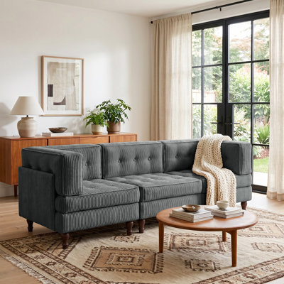 3 - Piece Upholstered Gray Tufted Corduroy Modular Sectional with Pillow Back