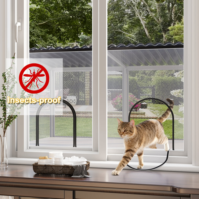 Metal Window Catio Waterproof Roof Cat Perch With Insect Net, Grey, Grey
