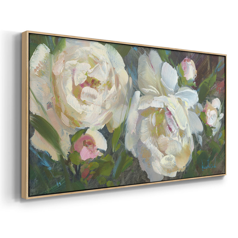 Duo de pivoines de jardin - Toile tendue avec châssis tendue, prête à être accrochée, H 21 po x l 41 po, Noyer