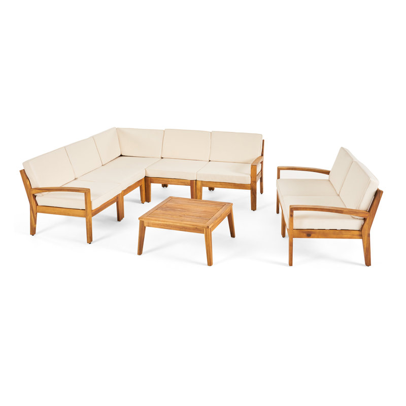 Streetman Acacia 6 - Person Modular Patio Conversation Sets with Cushions, Teak Frame/Beige Cushion