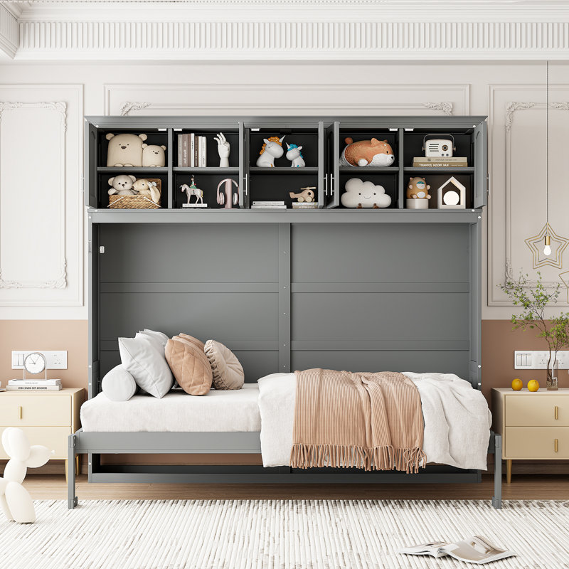 Lit escamotable mural avec armoires supérieures Murphy, gris, Grand
