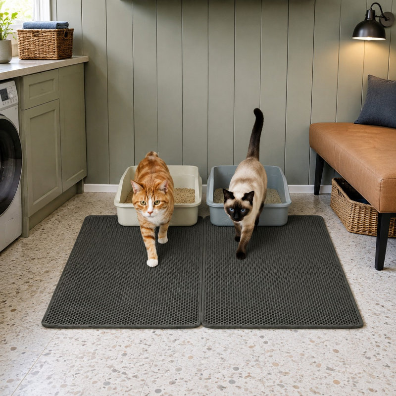 Gray 2-pack of 36 x 25 in medium honeycomb litter trapping mats with BPA-free construction; the waterproof and urine-proof rugs help reduce mess, lift easily for cleaning, and work as litter catchers around the box.
