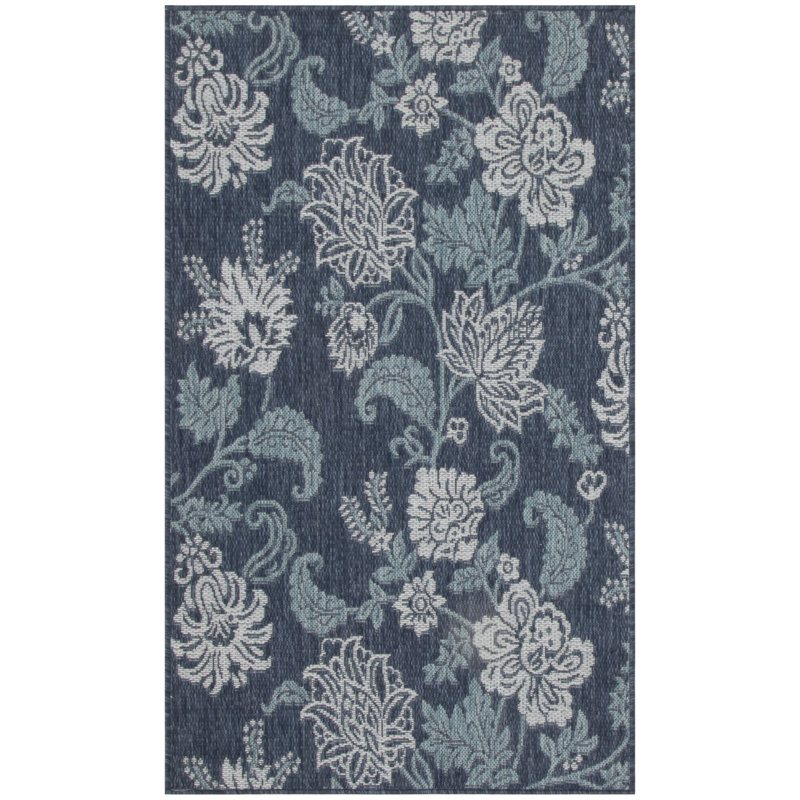 Rectangle Pamilyn Floral Polypropylene Indoor/Outdoor Area Rug in White/Navy Blue, Rectangle 3' x 5'