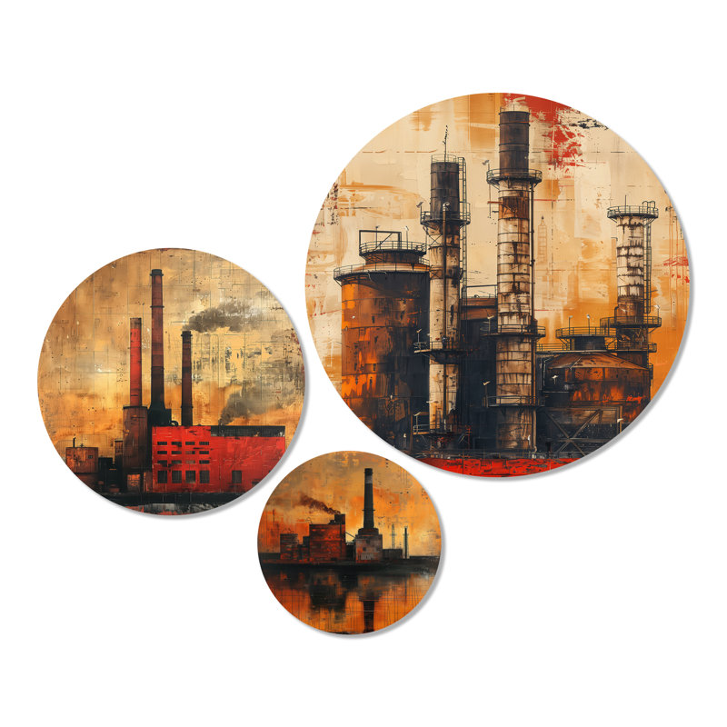 Vintage Industrial Factory polution I – Factories 3 Piece Metal Print Wall Art
