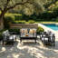 Ensemble de patio extérieur en teck Junco pour six personnes avec coussins et deux tables-930960647-930960646