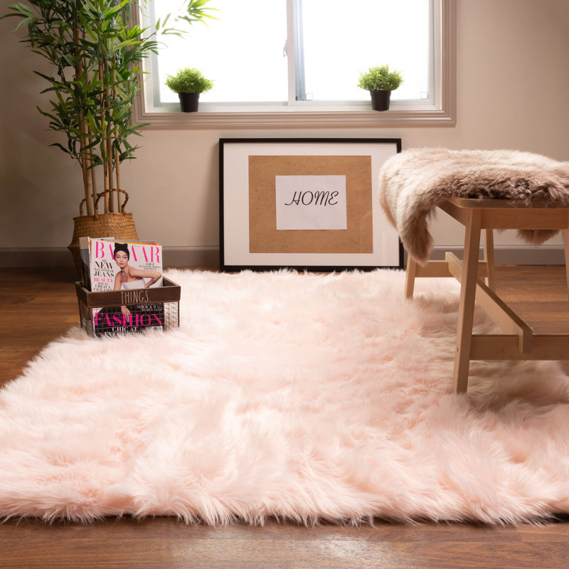Diller Soft Pink Faux Sheepskin Fur Machine Washable Shag Fluffy Area Rug, Rectangle 6' x 9'