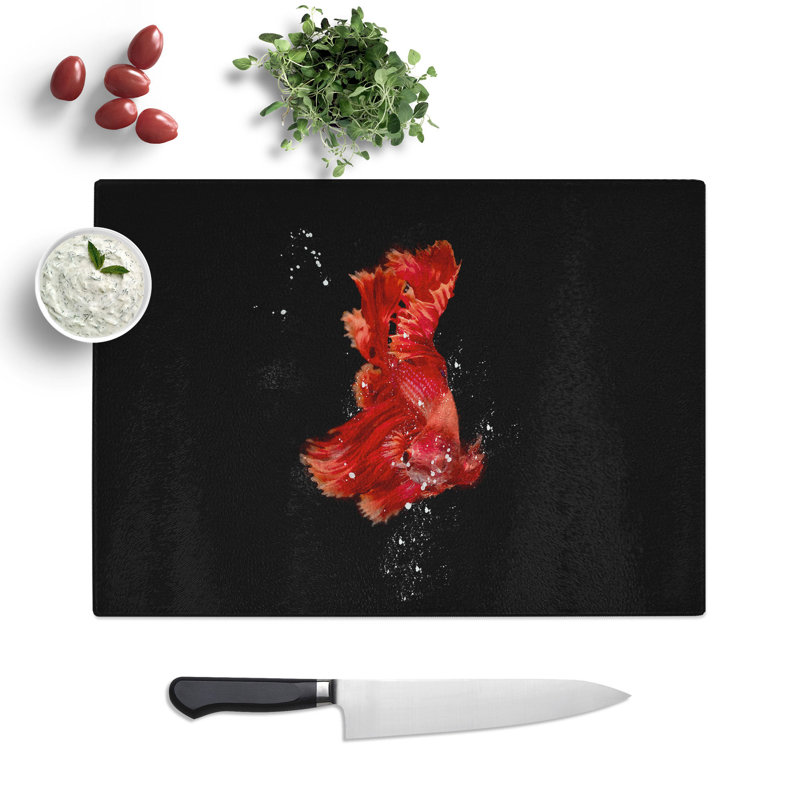 Tempered Glass Red Siamese Fighting Fish Chopping Board, 28.5 cm x 39 cm