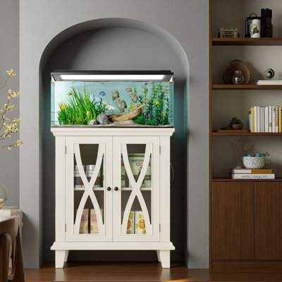 20 Gallon Fish Tank Stand With Power Outlets(4 AC 2 USB), Farmhouse Decorative Aquarium Stand Furniture With Adjustable Shelves, 10-20 Gallon Reptile Turtle Tank Stand With Cabinet Storage