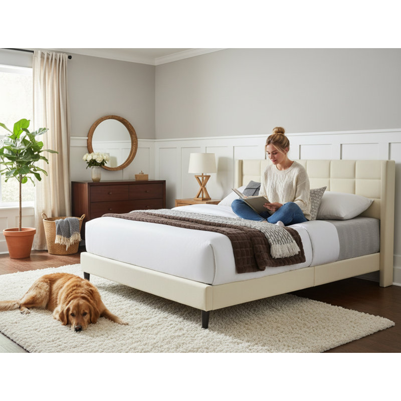 Upholstered Bed Frame With Wing Back Headboard – Light Beige, Beige, Queen