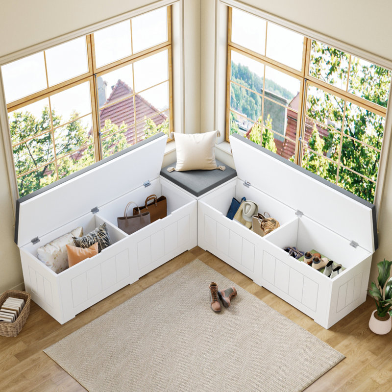 Banc de rangement en forme de L, banc de coin-repas de cuisine, banc d'angle sans dossier avec rangement, bancs à chaussures avec coussin pour vestiaire d'entrée, blanc et gris, P 63 po x l 63 po x H 18,3 po